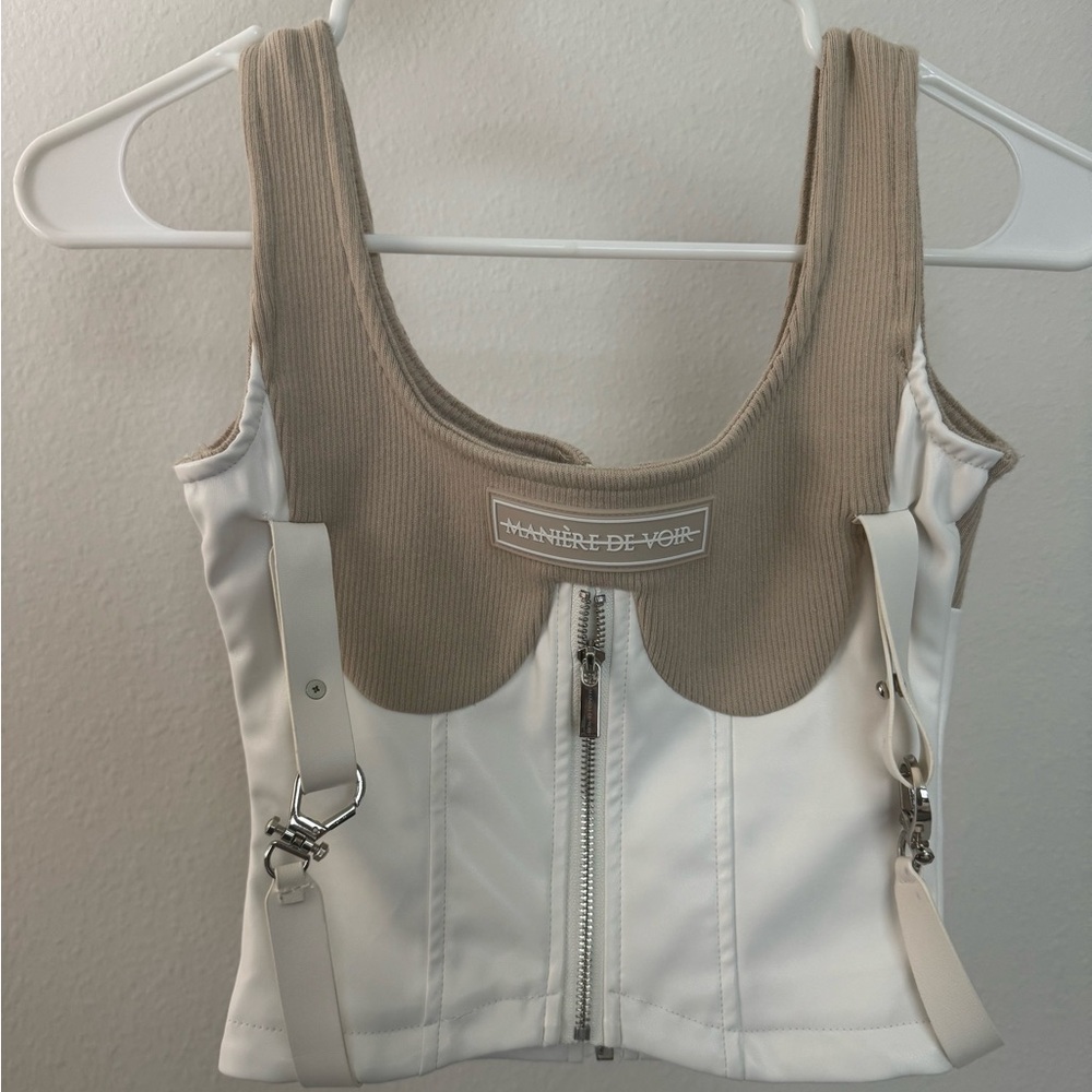 Maniere De Voir Beige and White Crop Top